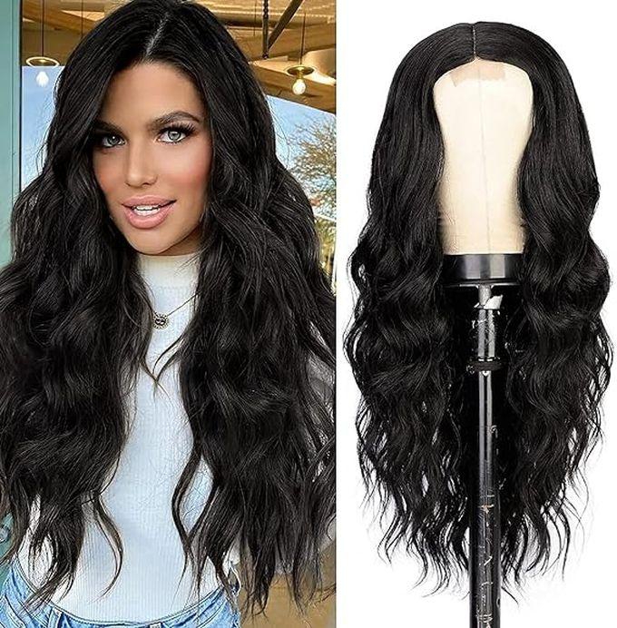 Women's Long Curly Synthetic Wig With Middle Parting, Black