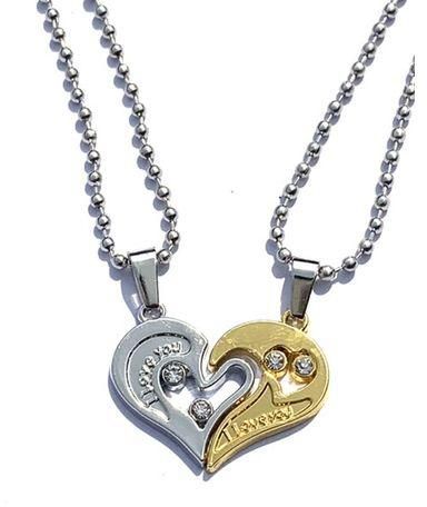 Couple Chain Necklace Heart Studded Pendant - Silver & Gold
