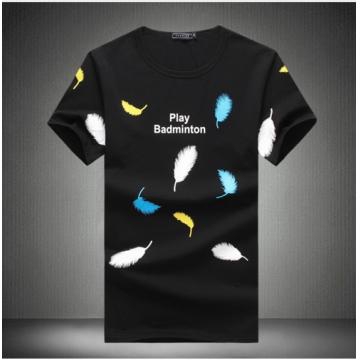 2017 New Summer Men's T Shirt New Fashion Feather Printed Short Sleeve T Shirt Casual O Neck Top black m