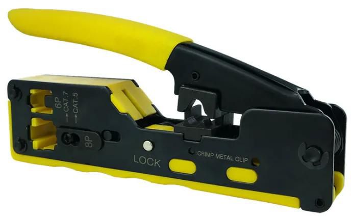 RJ45 RJ11 Pass Through Crimping Tool for Cat7/6A Cat6/5 Ethernet Modular Plugs Connectors With Stripper and Spare Blade