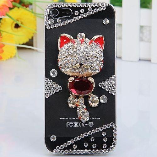 Generic Luxury 3D Cat Pattern Diamonds Plastic Clear Case For IPhone 5 ( Transparent And Red )