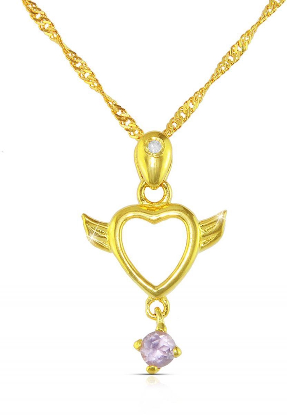 Vera Perla 22K Gold Plated Diamond and Amethyst Heart Necklace, 16 inches