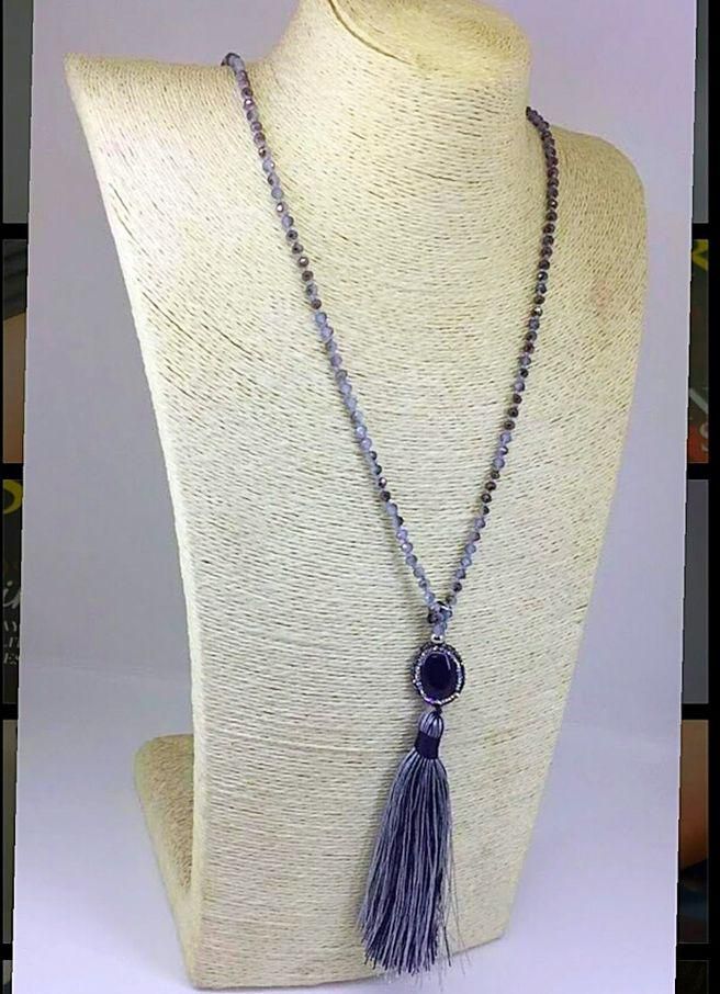 The Grey Beads And Tassels Long Necklace