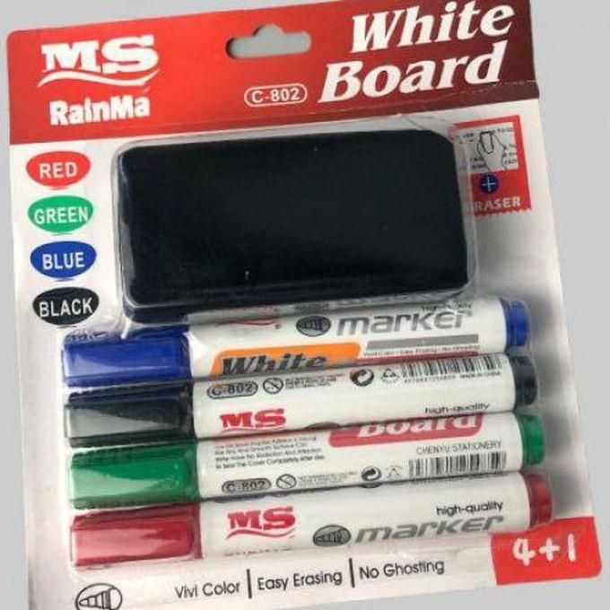 Set Of 4 Pcs Of White Board Markers Red ,Black ,Blue, Green Color With A White Board Eraser