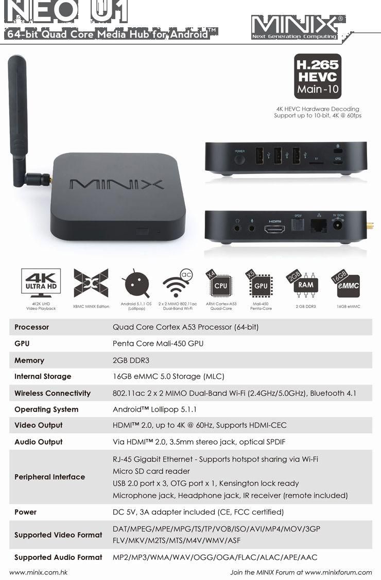 MINIX NEO U1 4K 2K UHD Amlogic S905 2G/16G KODI Android TV BOX Media Hub