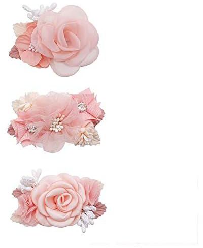 Flower Girl Hair Clips Set, KASTWAVE Lightweight Floral Hair Bow Accessories with Boutique Fully Lined Floral Hair Clip Rose Hair Bow Hairpins Flower Clip Barrettes for Baby Girl Gifts 3 PCS