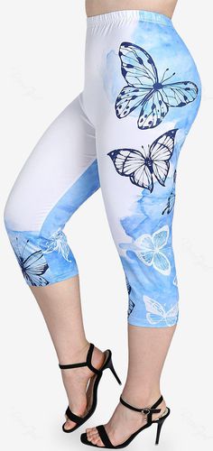Plus Size High Waist Butterfly Print Skinny Capri Leggings - 5x | Us 30-32