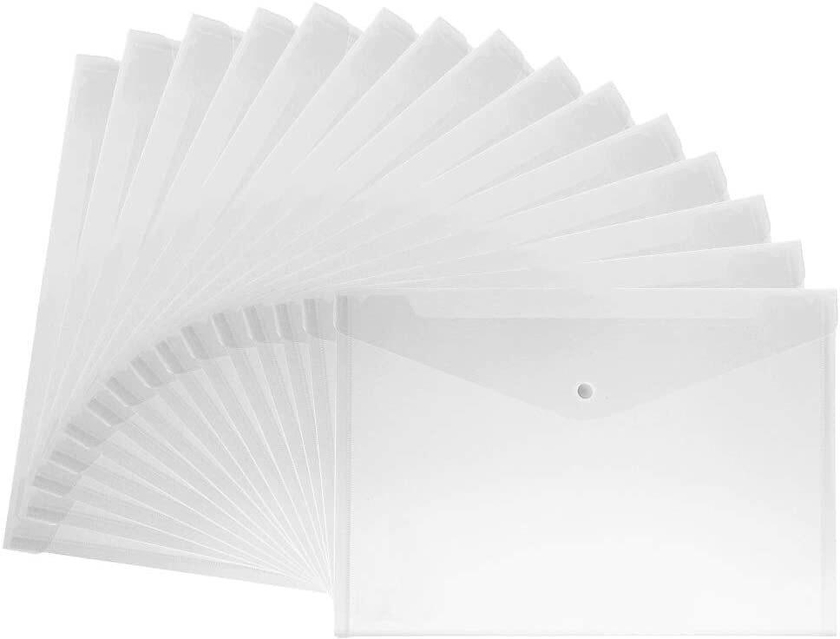 Generic 15Pcs Transparent A4 Paper Size Pp Water Resistant File Holder Clear Filing Envelope With Snap Button (White)