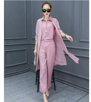 3 Pieces Casual Women Sets Solid Shirt Hollow out Long Cardigan Coat and Pant Slim Lady Suits pink L