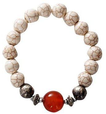 Generic Stretching Bracelet For Girls in Marbelled Off White Beads Decorated with Bright Brown and Silver Beads