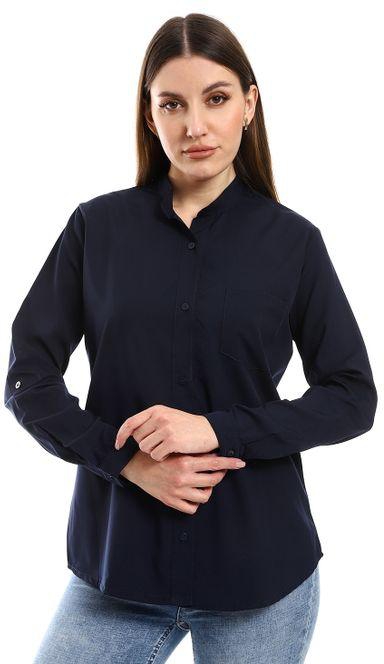 Women Casual Roll Up Sleeves Shirt - Navy Blue