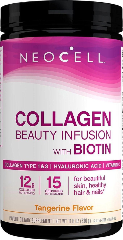 Neocell Collagen Powder with Biotin, Vitamin C & Hyaluronic Acid, Collagen Type 1 & 3, Beauty Infusion Promotes Beautiful Skin, Healthy Hair & Nail, Gluten Free, Tangerine
