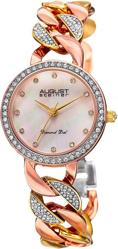 August Steiner Women's Mother of Pearl Diamond Dial Stainless Steel Band Watch - AS8190TRI