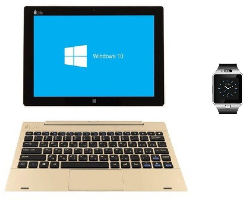 i-Life ZEDBOOK 2-in-1 Laptop - Intel Atom Z3735, 10.1 Inch Touch, 32GB, 2GB, Win 10, Ar-En Keyboard, Gold + i-Life ZEDWatch C Smart Watch, Black