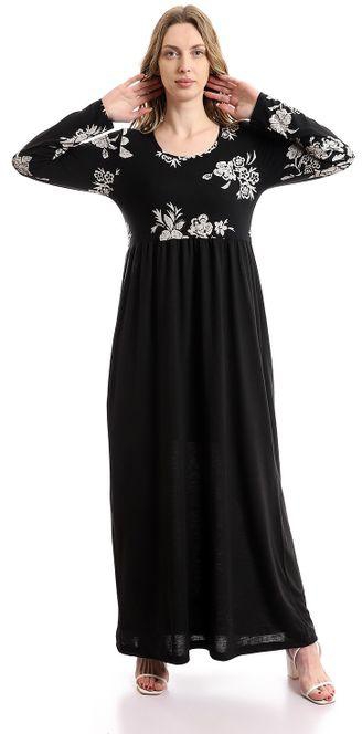 eezeey Crew Neck Solid & Floral Cotton Maxi Dress - Black & White