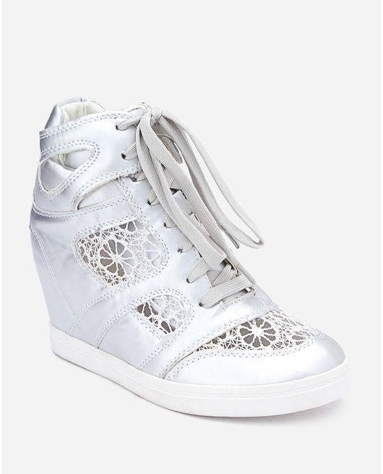 Spring Lace Up Wedge Sneakers - Silver