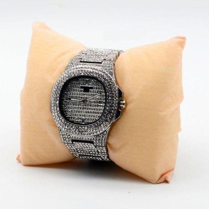 Keep Moving Men's Iced Stones Strap Bracelet Watch- Silver