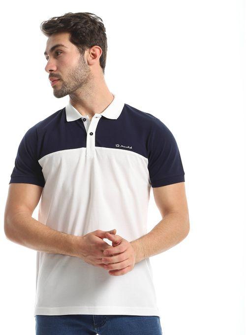 Ted Marchel Bi-Tone Upper Buttoned Cotton Polo Shirt - White & Navy Blue