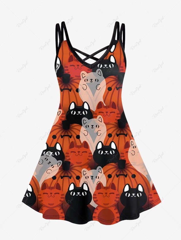 Plus Size Cat Pumpkin Print Crisscross Cami Dress - 6x