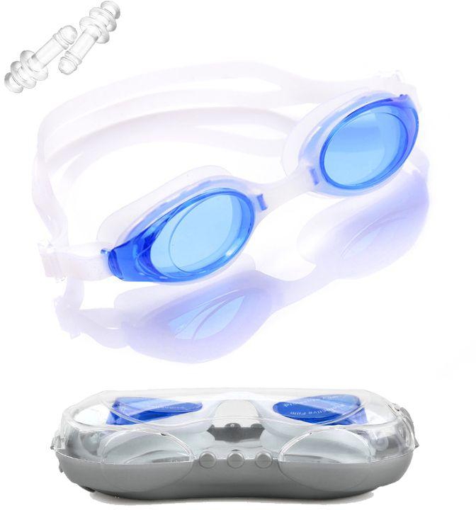 Dolphin G-2200 نظارة السباحة المضادة للضباب بالعلبة وسدادات الأذن، أزرق/أبيض