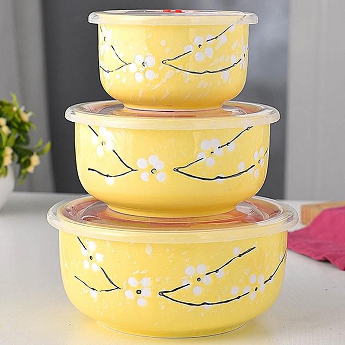 Generic 3PCS Ceramic Dinnerware Set Japannese Bowl With Lid Yellow
