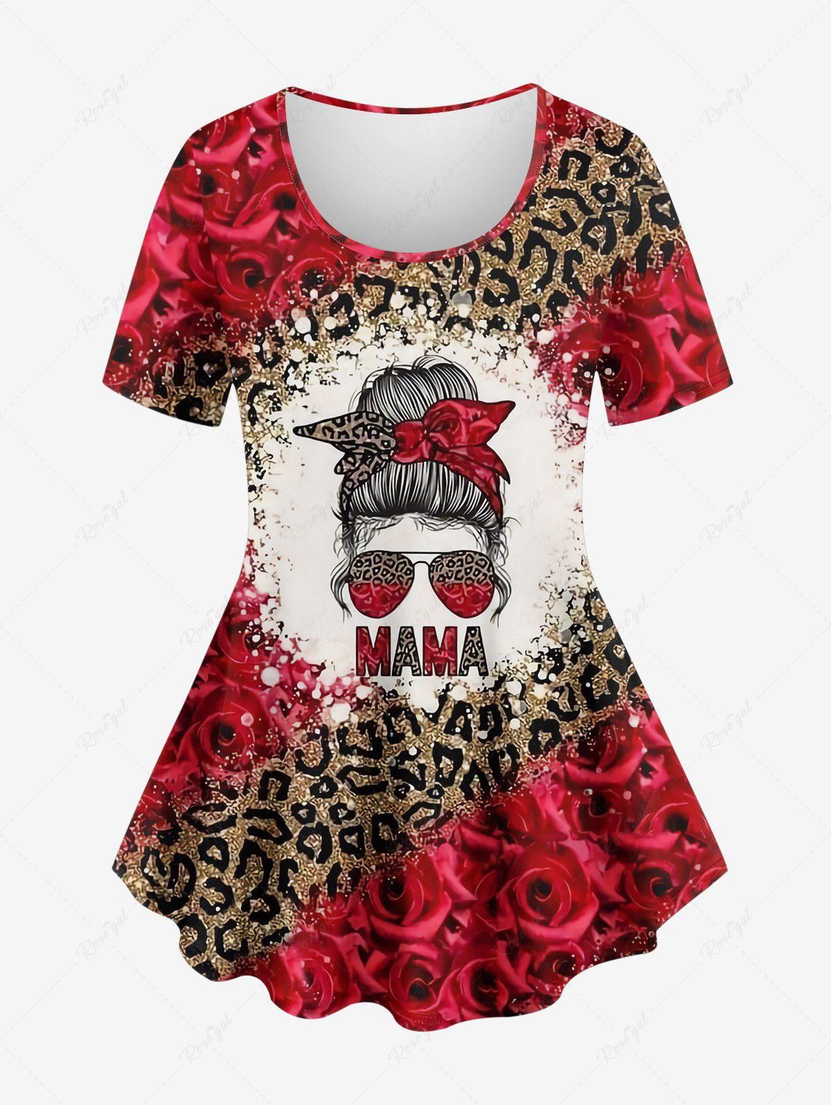 Plus Size Leopard Rose Flower Girl Bowknot Sunglasses Sparkling Sequin 3D Print T-shirt - 6x
