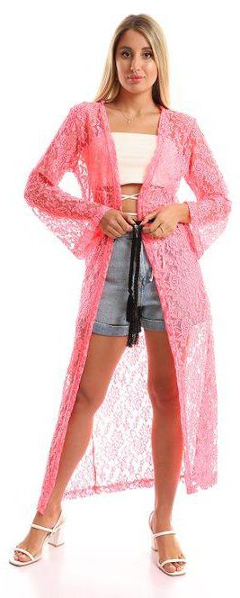Kady Neon Pink Sheer Lace Slip On Long Cardigan