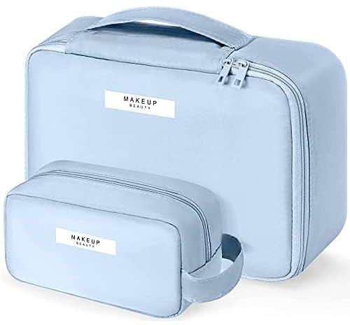 Goodern Makeup Bag,2 PCS Makeup and Jewelry Bag Travel Makeup Case for Women Waterproof Brushes Bag for Earrings Necklaces Bracelets Large Capacity Portable Cosmetic Pouch Travel Toiletry Bag-Blue