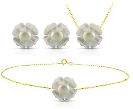 Vera Perla 18K Yellow Gold Flower Shape with White Pearl Jewelry Set - 3 Pieces