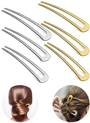 U Shape Hair Clip, Simple Metal Hair Hair Stick Fork French 2 Prongs Hair Clip, 6 Pieces Bun Hair Clip for Women Girls Styling Accessories（Gold, Silver)
