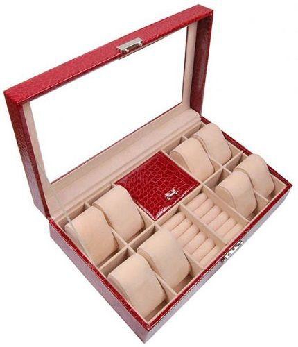 8 Piece Leather Watch and  Jewelry Organizer Case - Red
