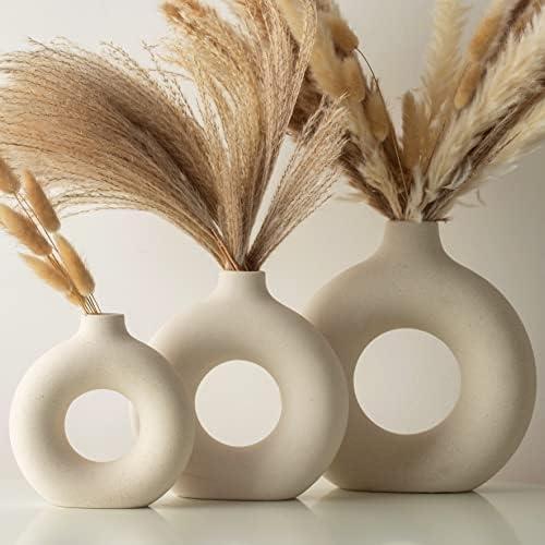 Ceramic Vases for Home Decor Set of 3 - White Modern Donut Vase Circle Round for Pampas Grass Artificial Flowers, Boho Decor Living Room Table Centerpieces Dining Bedroom Shelf Farmhouse Decorations