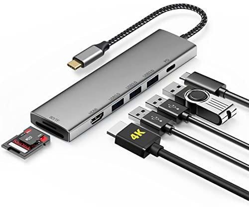 موزع USB C 7 في 1، موزع USB، محول HDMI 4K، شحن بي دي 100 واط، قارئ بطاقات SD 3.0، قارئ بطاقات TF 3.0، 3 منافذ USB 3.0، محول نوع سي للابتوب والجهاز من النوع سي، كيبل من مادة النايلون