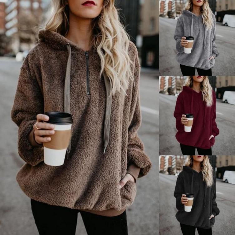 Rhodos Fashion Pure color long sleeve hooded women's fleece woollen sweater coat black s
