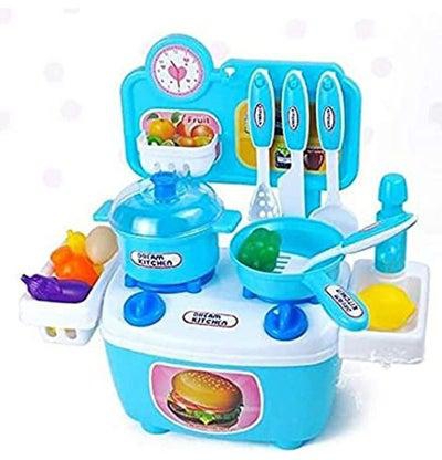 A Children's Colour Kitchen Containing Vegetables Utensils Storage Space And A Cooker