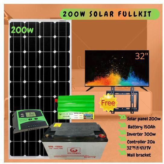 Solarmax 200 Watts Solar Panel Full Kit + 32 Inches Digital TV + 150Ah Solar Battery + 300W Solar Power Inverter + 20AH Solar Charge Controller + Wall Mount