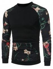 Kangaroo Pocket Raglan Sleeve Floral Sweatshirt - Black - L