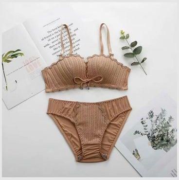 Women's Comfy Solid Colour Lace 3/4 Cup Bra and Panty Set Brown