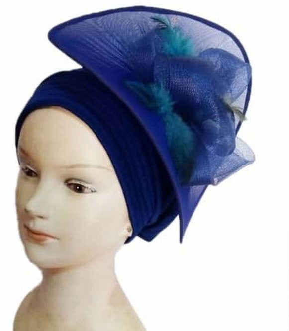 Ladies Turban Cap With Fascinator - BLUE