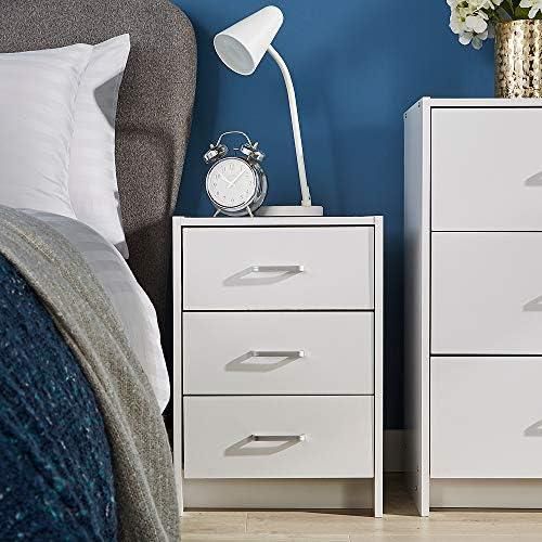 Home Source Bedside Table White 3 Drawer Bedside Cabinet Night Stand Metal Runners Silver Handles
