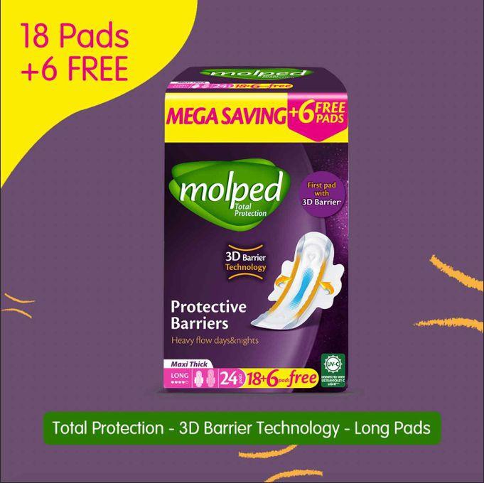 Molped Total Protection Maxi Thick Pads For Heavy Flow - 18 Pads + 6 Free - Long