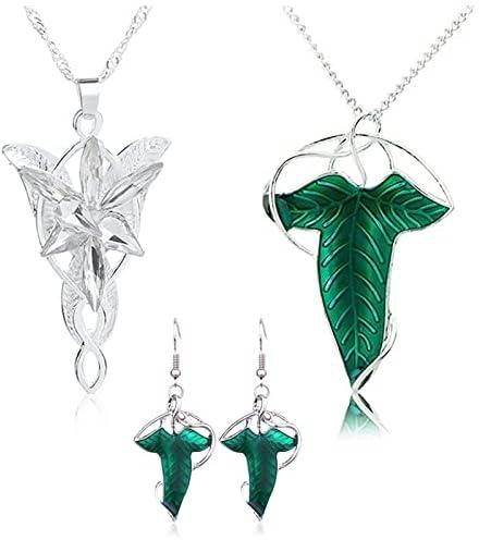 UoYu 3 pcs Arwen Evening Star Necklace Ring Pendant Chain Necklace Elven Green Leaf Brooch Pin Pendant Necklace Earrings Set