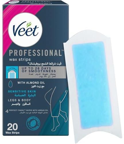 Veet Hair Removal Easy-Gel Wax Strips Body & Legs for Sensitive Skin, Soothing Almond Oil and Cornflower Scent – 20 Wax Strips
