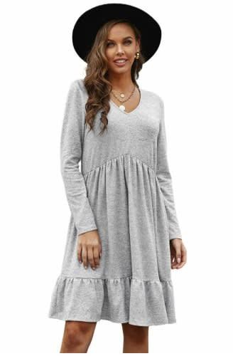 Gray Brushed Fleece Long Sleeve Ruffle Mini Dress
