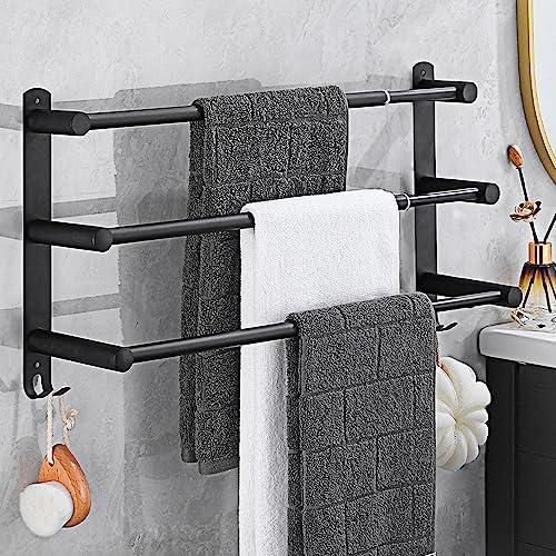 HONPHIER Adjustable Towel Rails 43-78CM Bath Towel Racks Stainless Steel Towel Shelves with Hooks Wall Mounted Towel Holders Towel Bar for Kitchen Bathroom (Black 3-Tier)