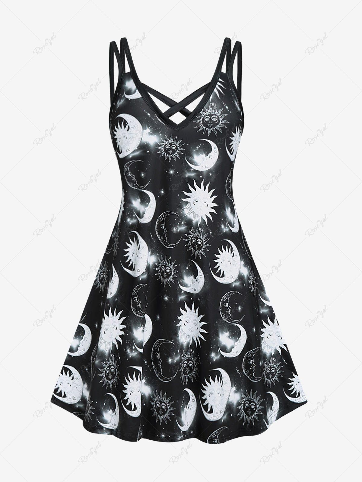 Plus Size Sun and Moon Printed Crisscross Sleeveless A Line Dress - 5x | Us 30-32