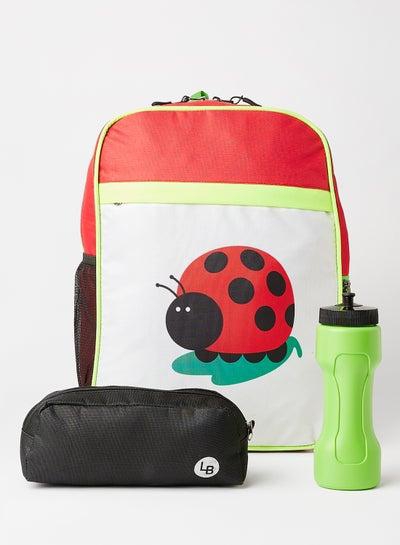 Ladybug Printed Polyester Kids Backpack with zip closure Ideal for 6-8 years age group, Plastic Sipper And Polyester Pouch White/Red/Green
