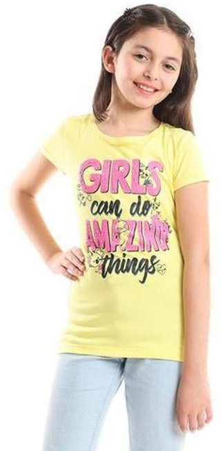Andora "Girls Can Do Amazing" Textured Print Tee - Yellow, Pink & Black