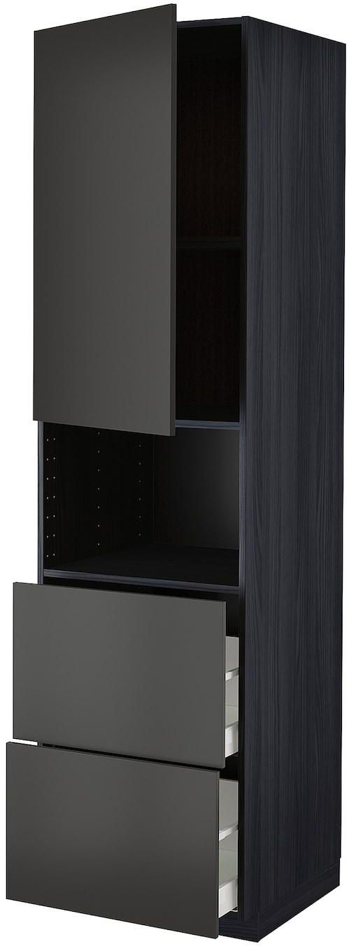 METOD / MAXIMERA Hi cab f micro w door/2 drawers - black/Nickebo matt anthracite 60x60x220 cm