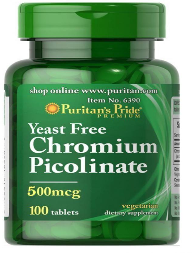 Puritan's Pride Yeast Free Chromium Picolinate Vegeterian Dietary Supplement - 500 mcg - 100 Tablets